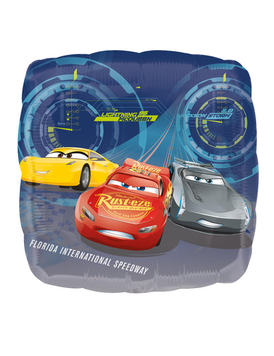 Ballon en aluminium carré Cars 3 bleu avec Flash McQueen Jackson Storm et Cruz Ramirez
