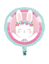 Ballon en aluminium petit lapin pour décoration de baby shower rose et vert menthe avec couronne de fleurs