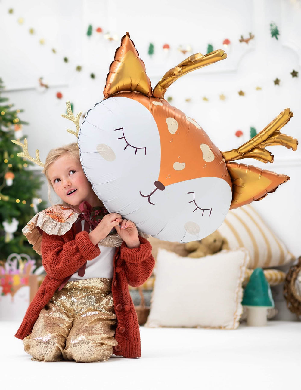 Globo gigante de aluminio con cabeza de ciervo para niño naranja blanco y dorado