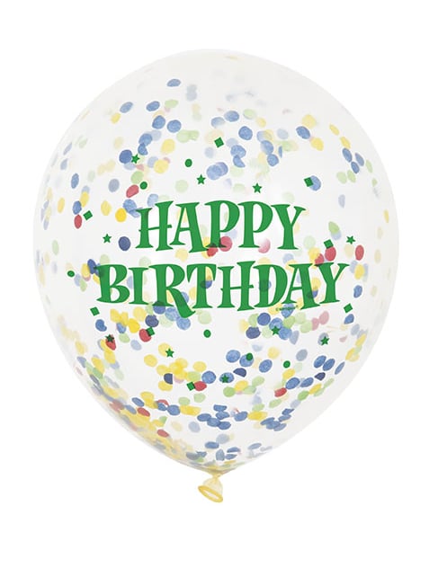 Détail du texte vert et des confettis du ballons en latex Happy Birthday pour fête
