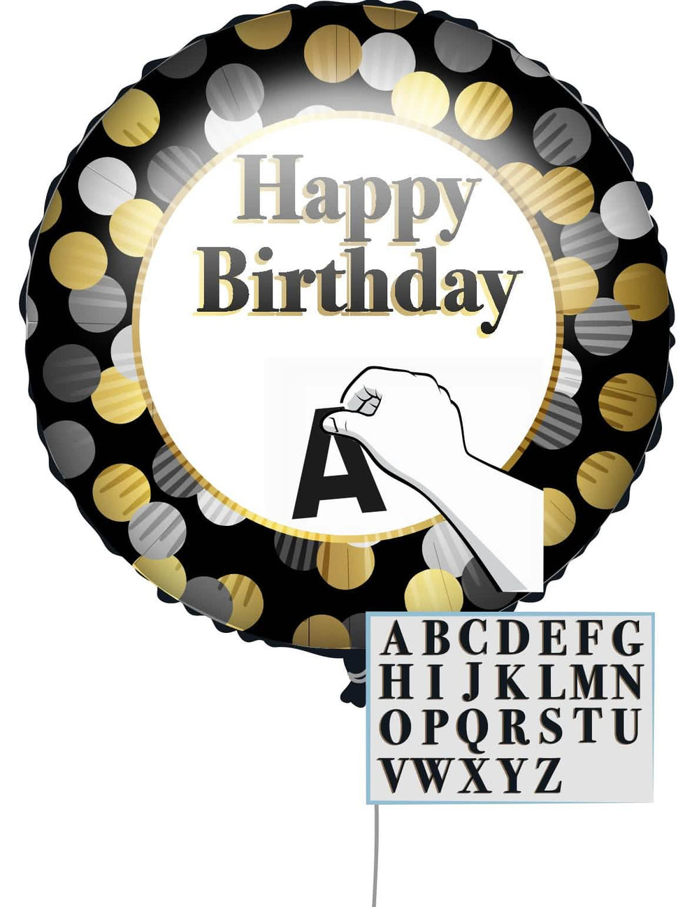 Globo personalizable Happy Birthday negro y dorado con letras adhesivas