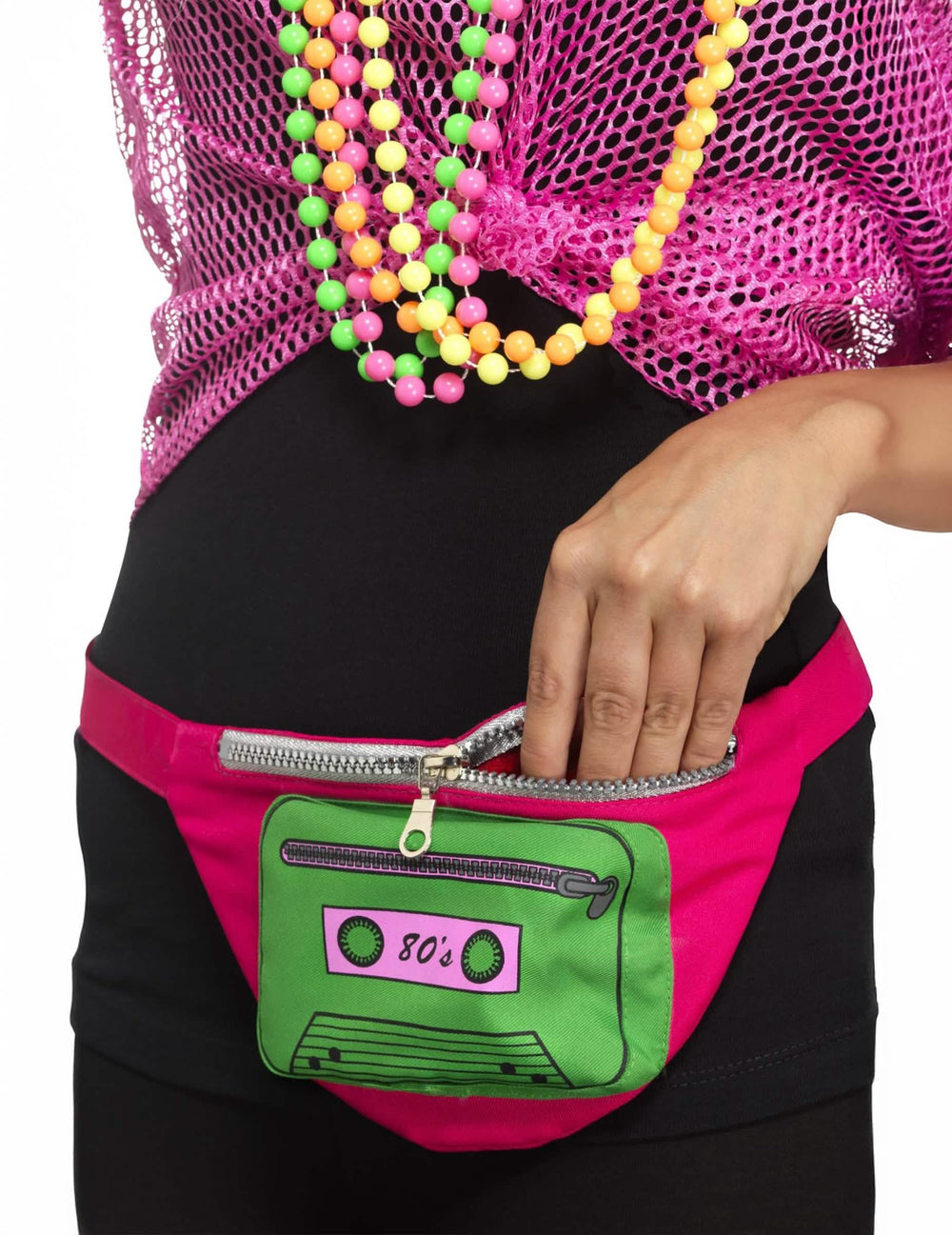 Banano de los años 80 para adulto multicolor rosa y verde con motivo de cassette