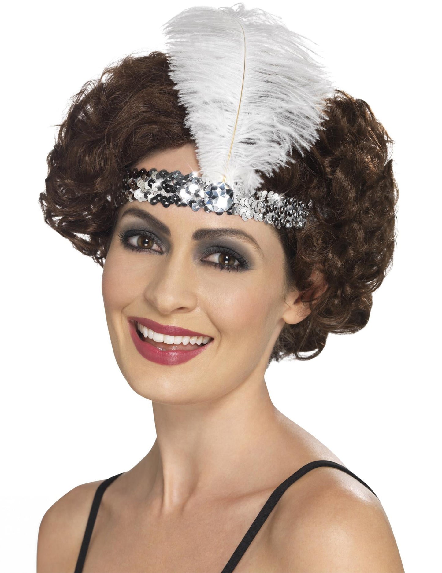 Diadema charlestón lentejuelas y pluma plateadas mujer