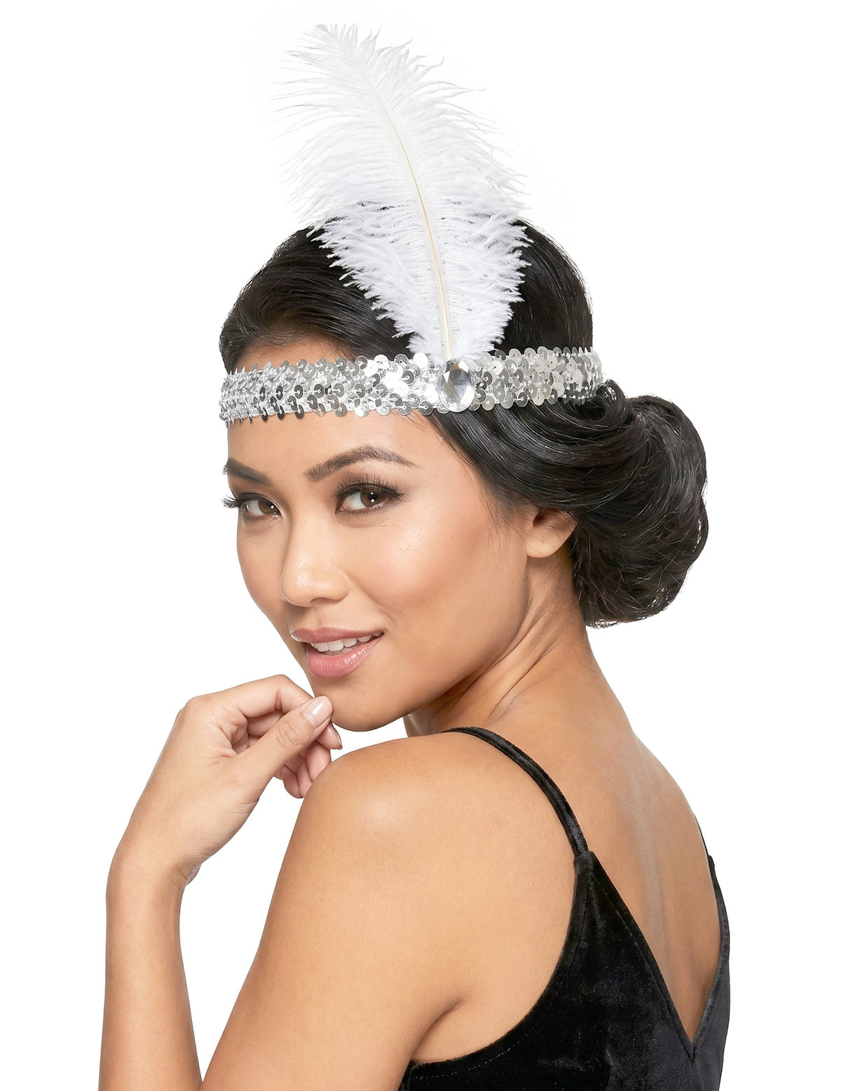 Diadema charlestón lentejuelas y pluma plateadas mujer