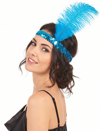 Diadema de Charlestón pluma y lentejuelas azules mujer