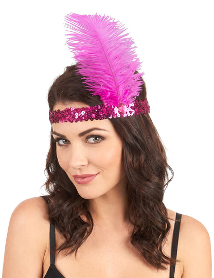 Diadema Charlestón lentejuelas y pluma rosa mujer