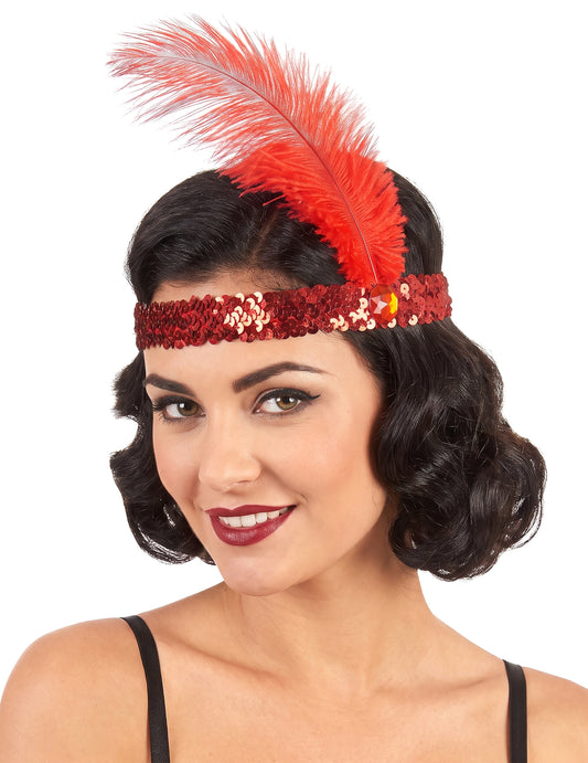 Diadema charlestón con lentejuelas y pluma roja mujer