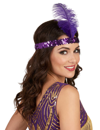 Diadema charlestón lentejuelas y pluma violeta mujer