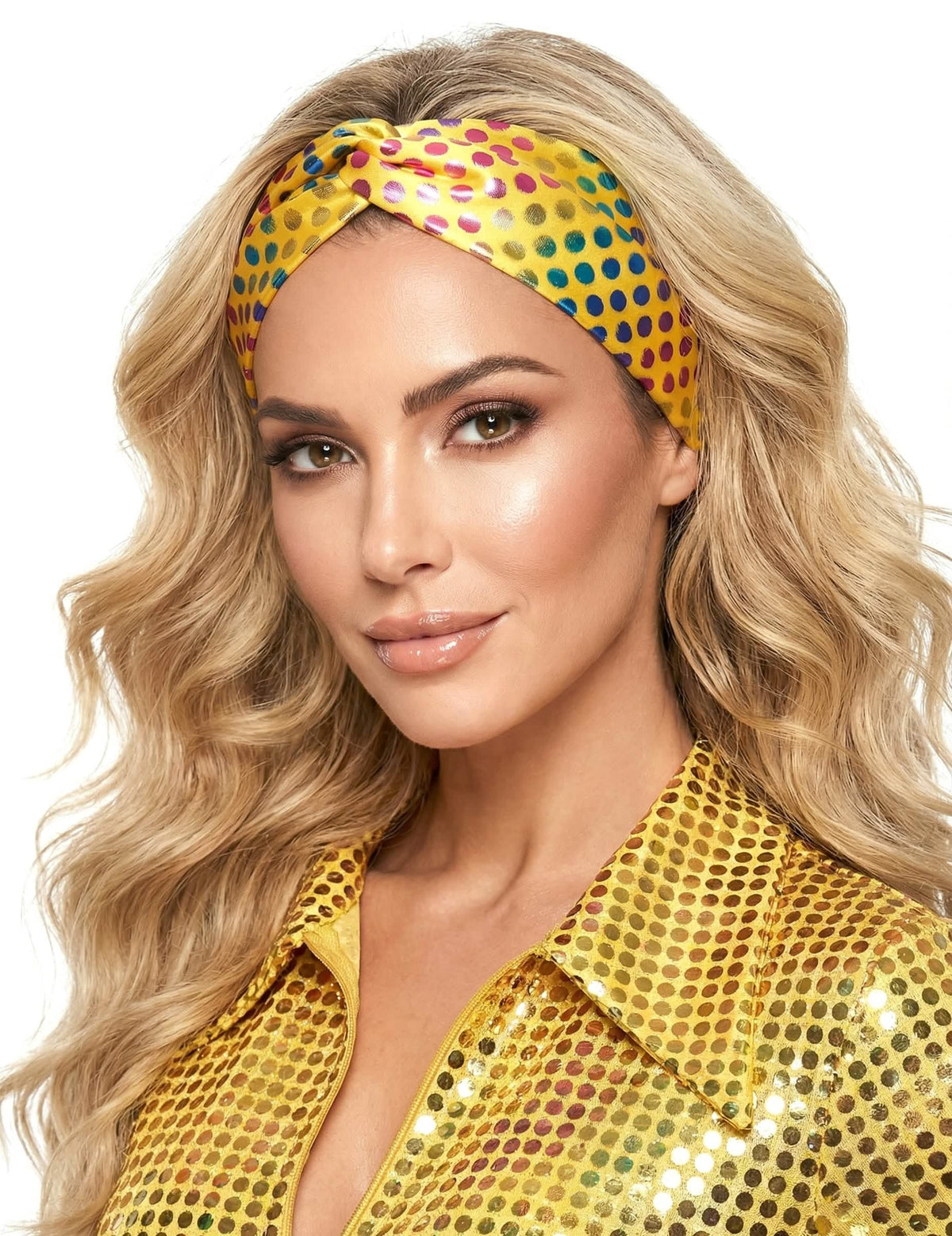 Diadema disco mujer amarillo con lunares multicolores deluxe
