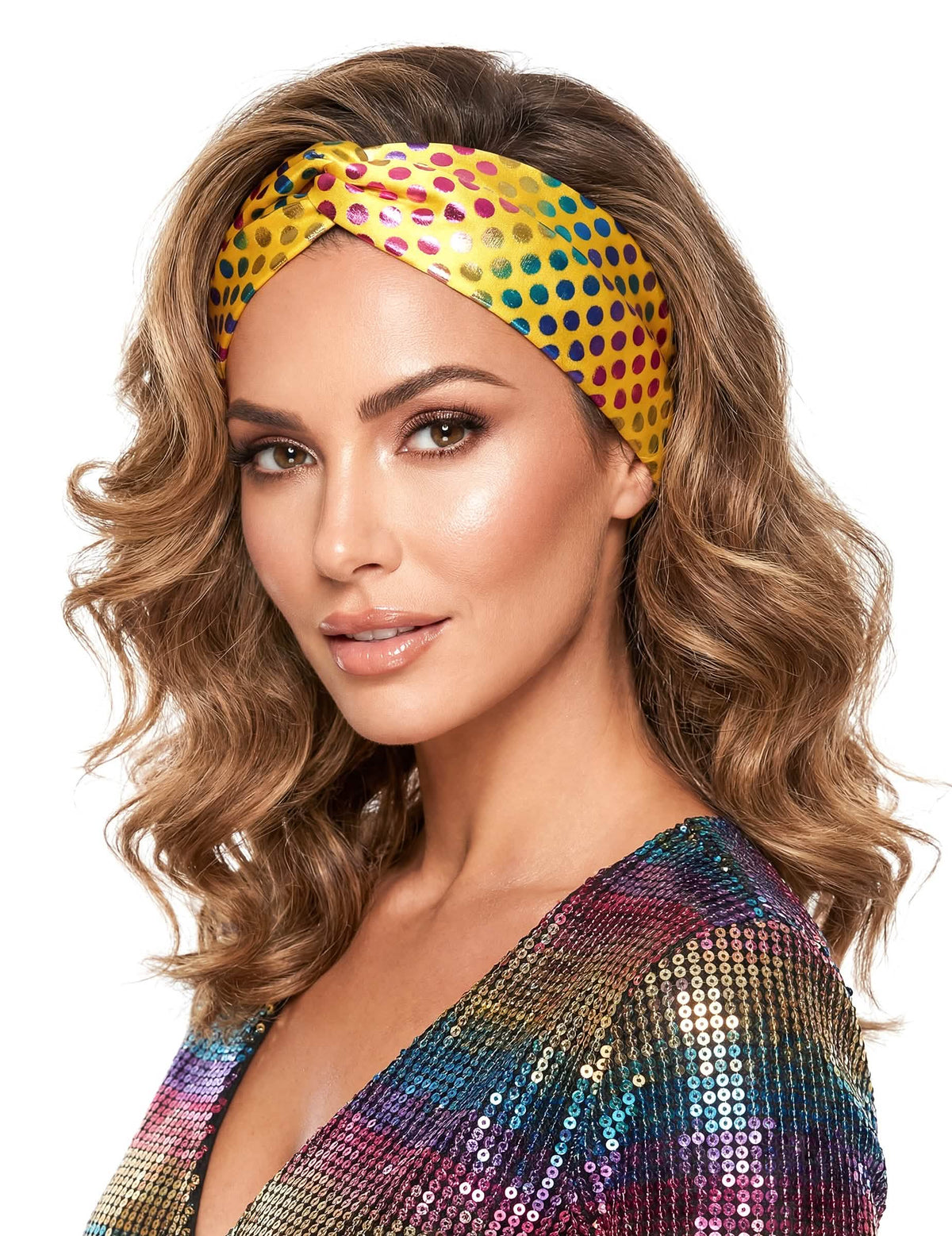 Primer plano del cinturón disco para mujer amarillo con lunares multicolores deluxe