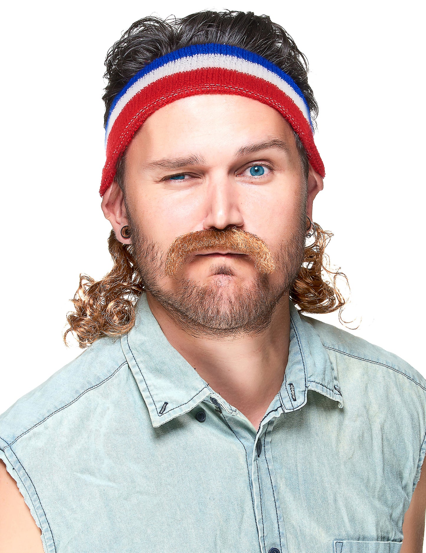 Bandeau mulet bleu blanc et rouge pour adulte tricolore avec cheveux châtains bouclés