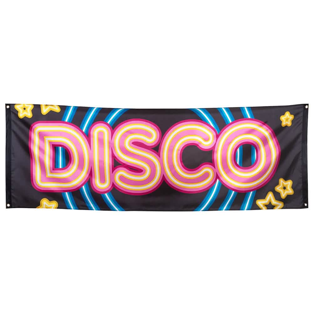 Banner Disco Fever para fiesta negra con letras rosa y amarillo