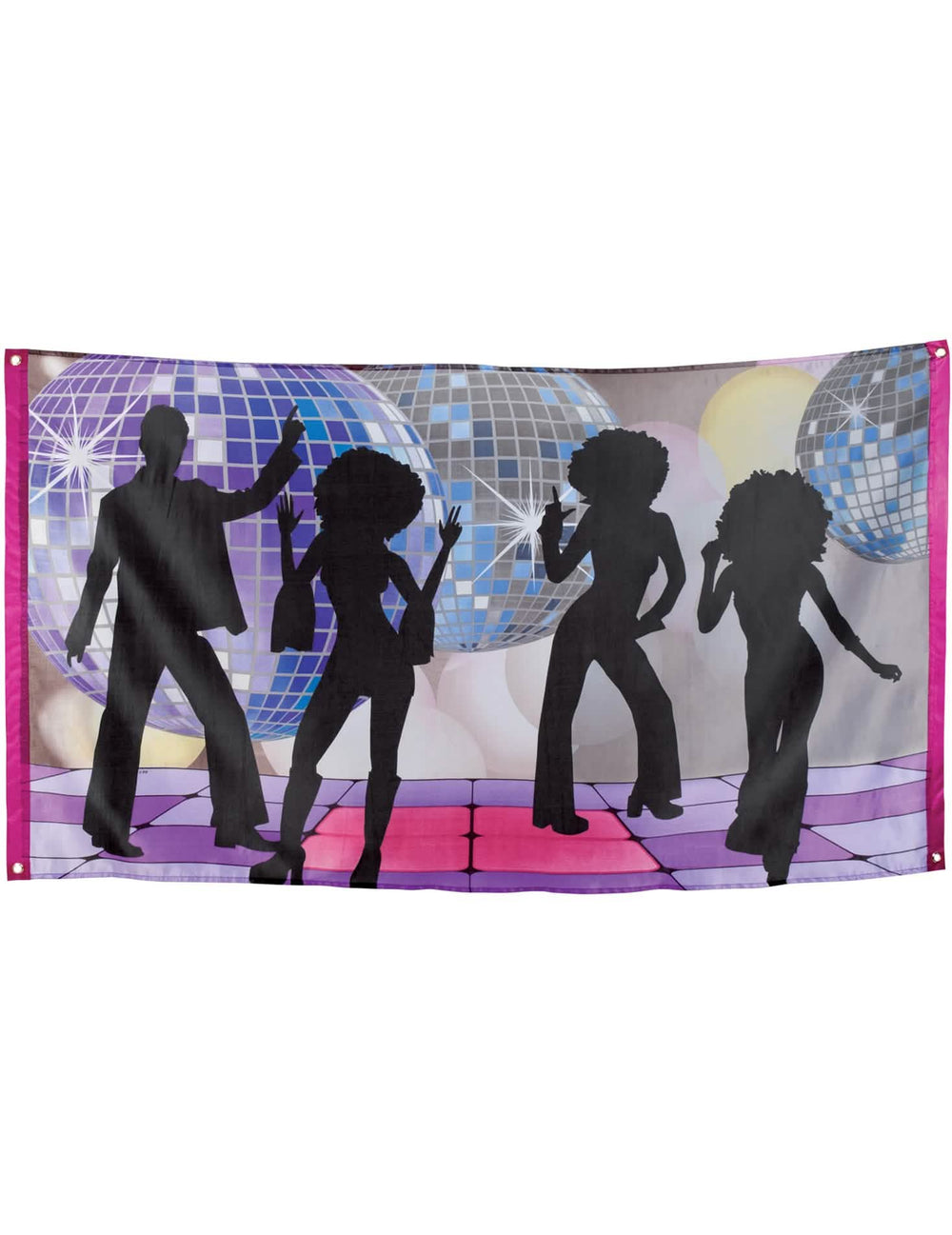 Banner disco para fiesta con siluetas de bailarines y bolas de espejos violeta y rosa