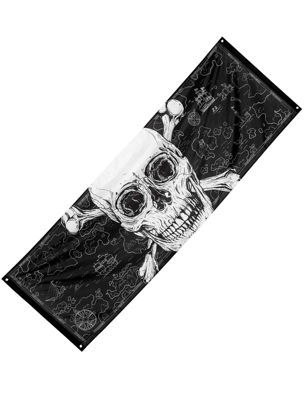 Bannière pirate Jolly Roger pour décoration noir et blanc avec grand crâne et motifs de carte au trésor