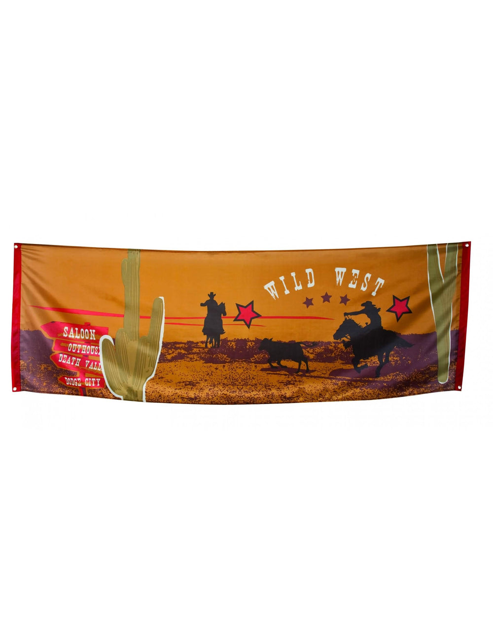 Banner oeste para fiesta marrón y naranja con siluetas de cowboys y cactus