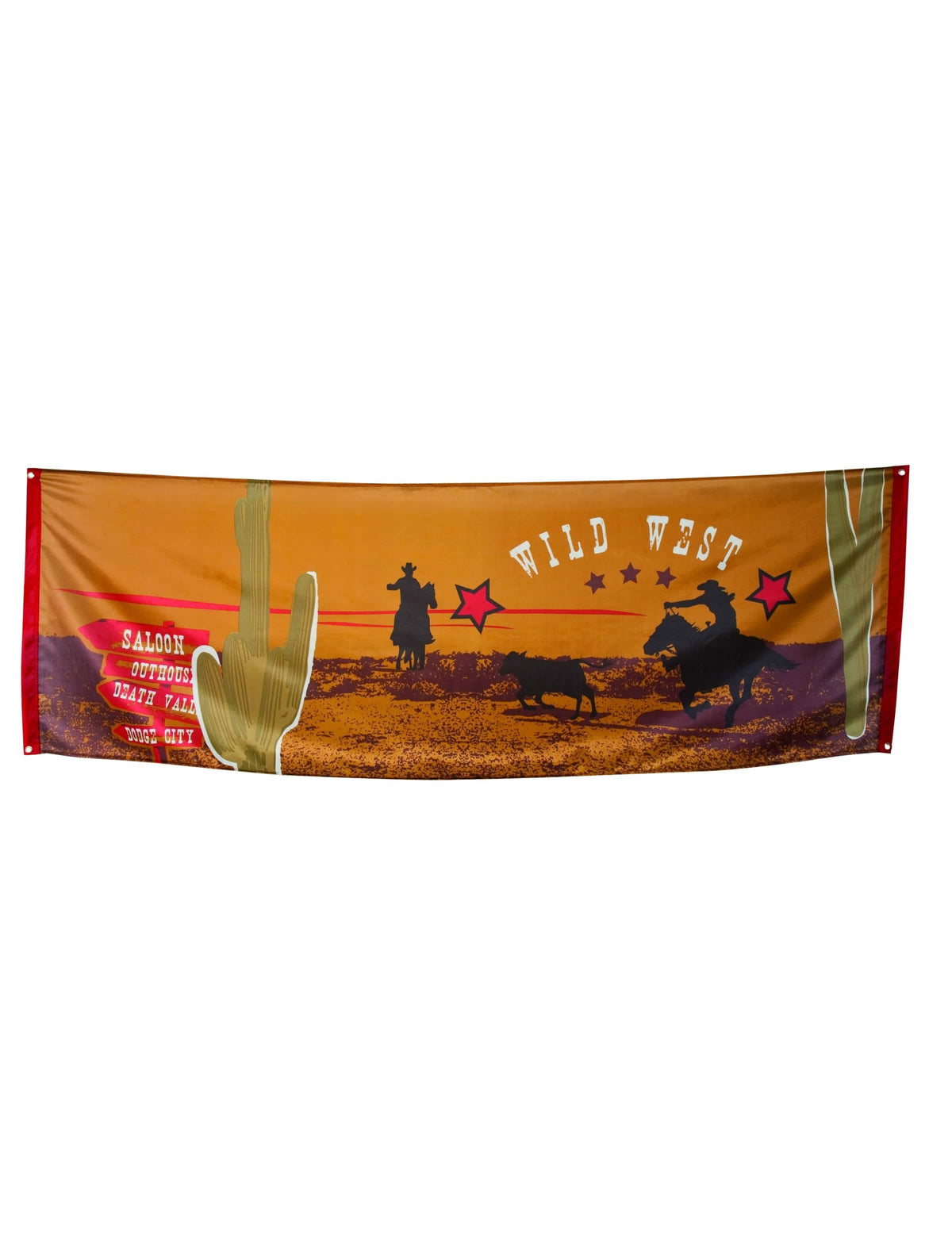 Banner oeste para fiesta marrón y naranja con siluetas de cowboys y cactus