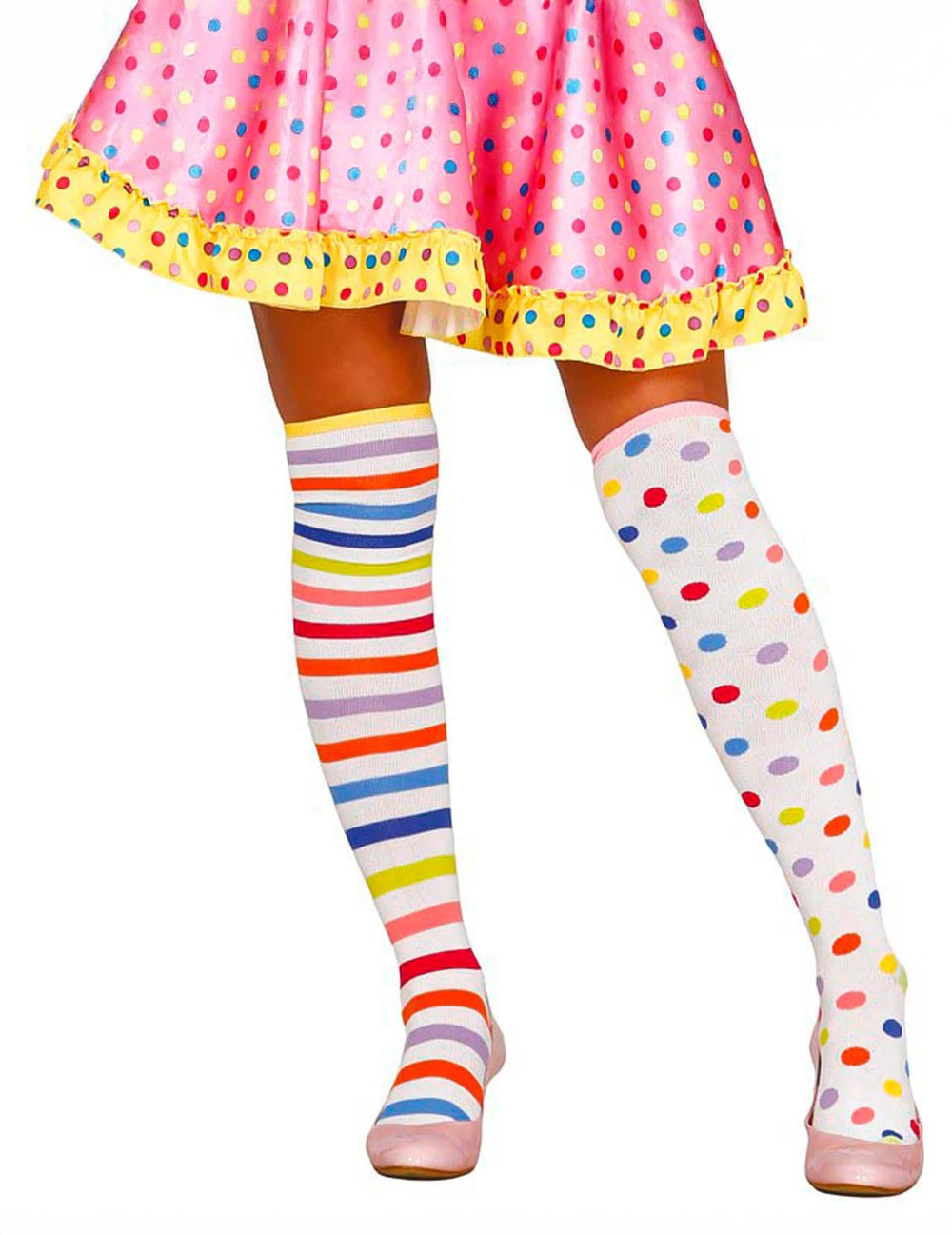 Medias de payaso pastel para mujer con rayas y lunares multicolores
