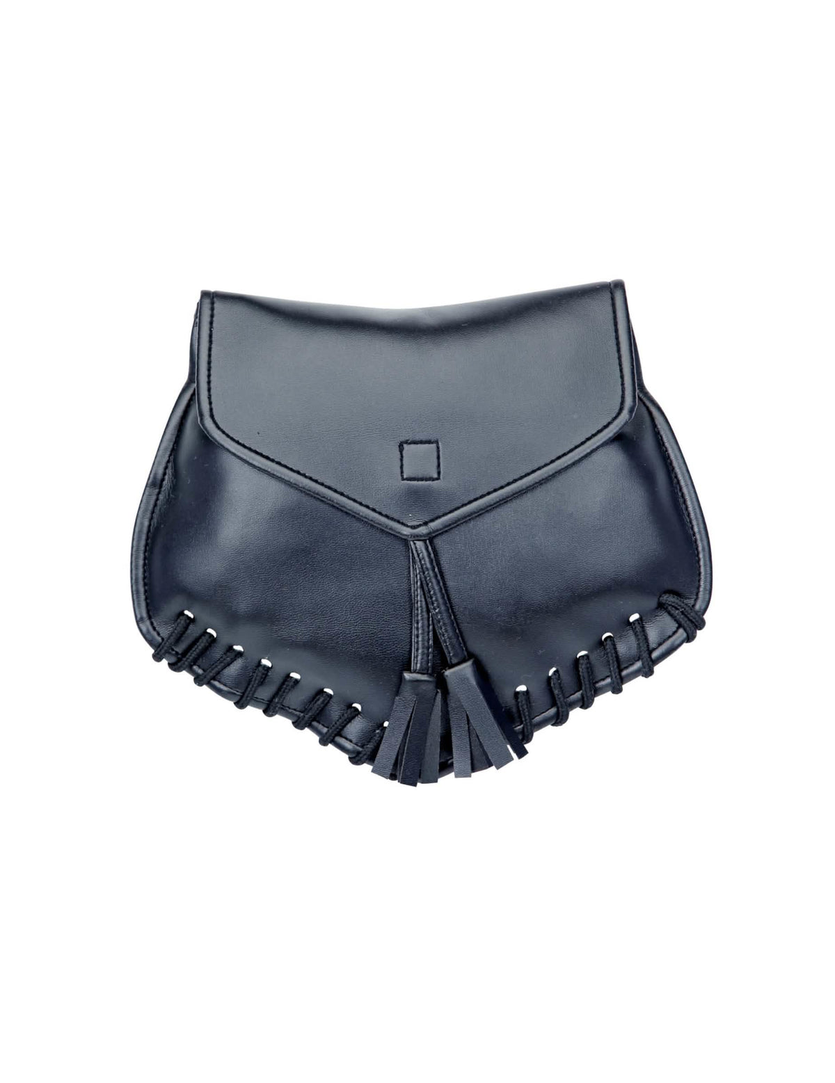 Bandolera de cuero sintético negro con pompones y borde con cordones