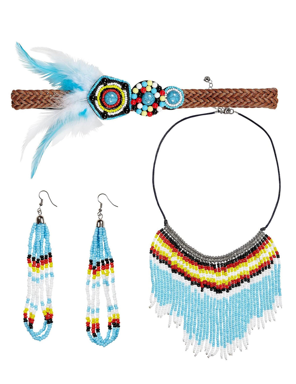 joyas de india para mujer azul y blanco con perlas y plumas