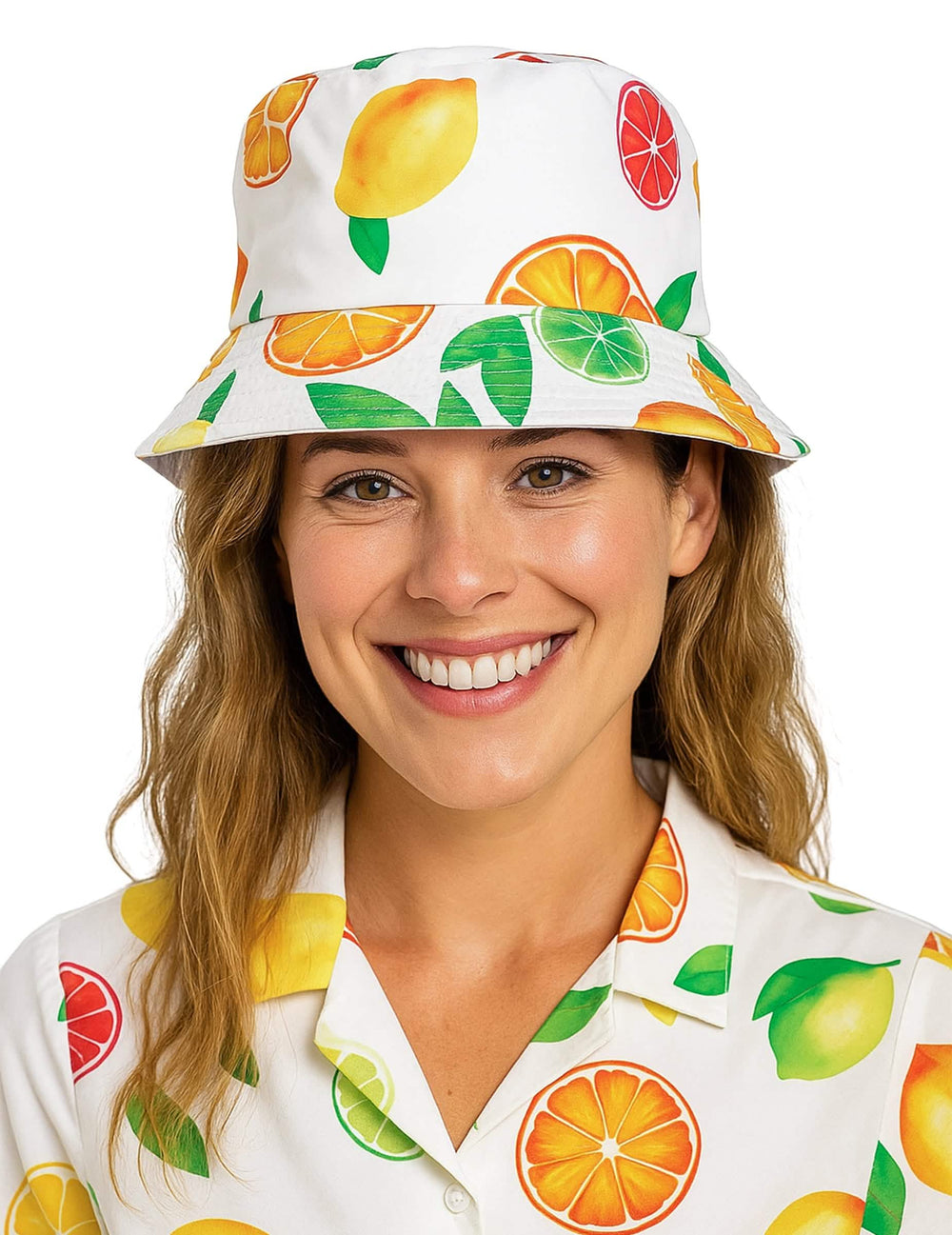 Bob Hawaïen imprimé Fruits Exotiques pour adulte blanc aux motifs colorés d'agrumes