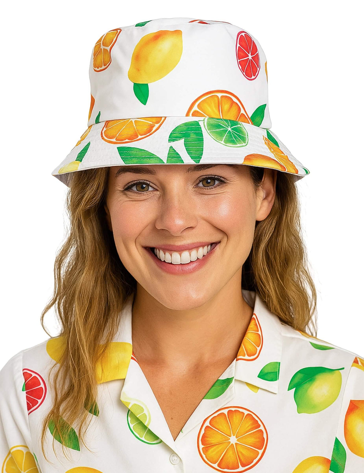 Bob Hawaïen imprimé Fruits Exotiques pour adulte blanc aux motifs colorés d'agrumes