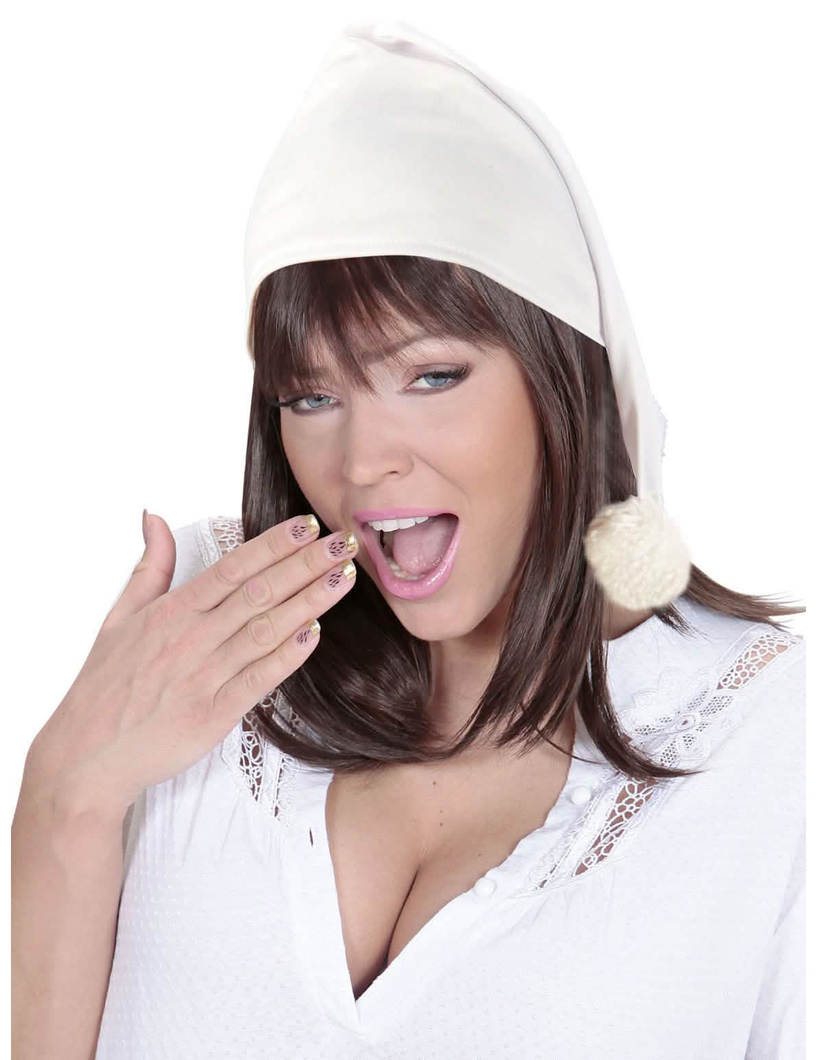 Gorro de noche con punta para adulto blanco con pompón