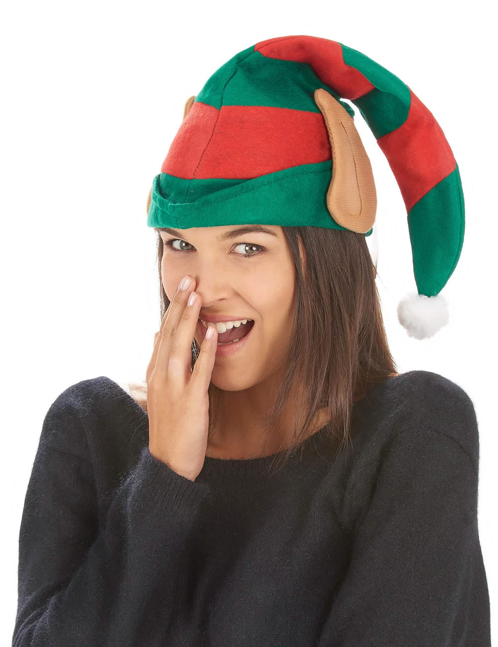 Bonnet lutin du Père Noël pour adulte rayé rouge et vert avec oreilles