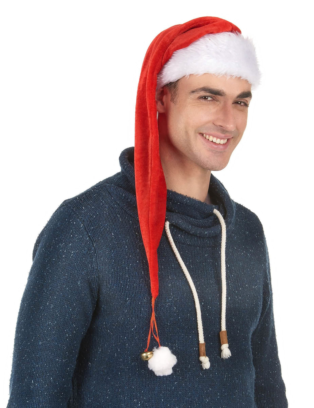 Vista de perfil del gorro largo de navidad con cascabel para adulto