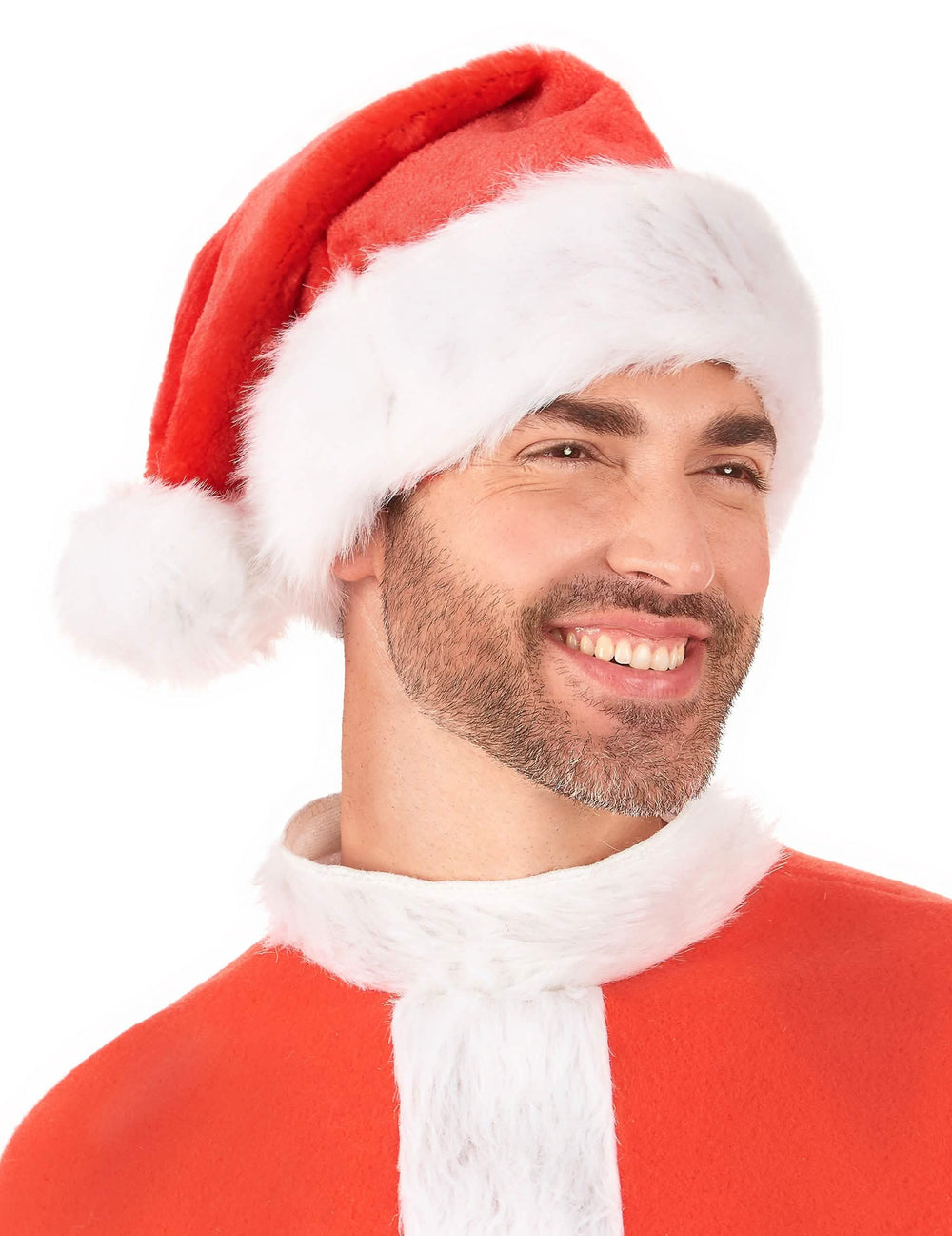 Primer plano del gorro de navidad con piel sintética blanca