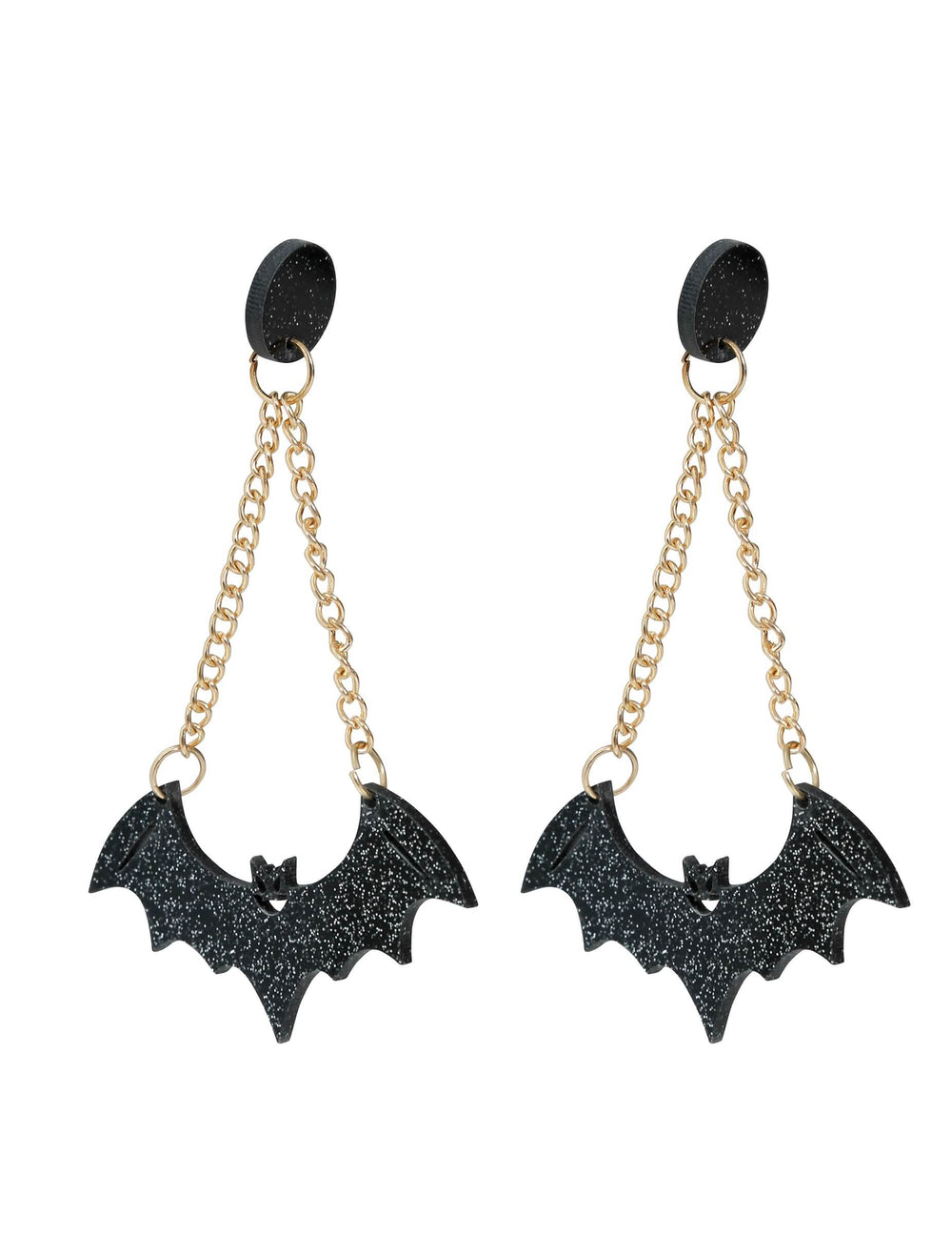 Boucles d'oreilles chauve-souris pour adulte noires pailletées avec chaînes dorées