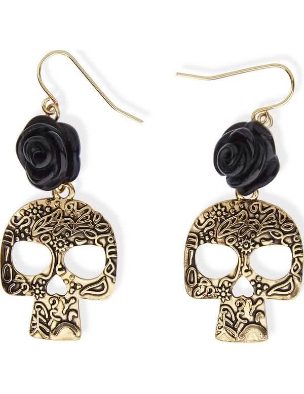 Pendientes de esqueleto para adulto dorado y negro con rosa