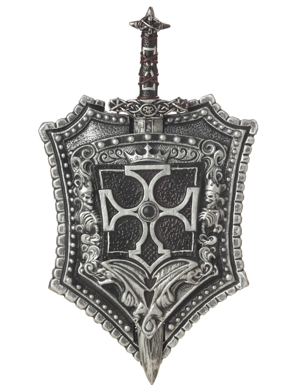 Escudo y espada de caballero cruzado para adulto plateado y negro