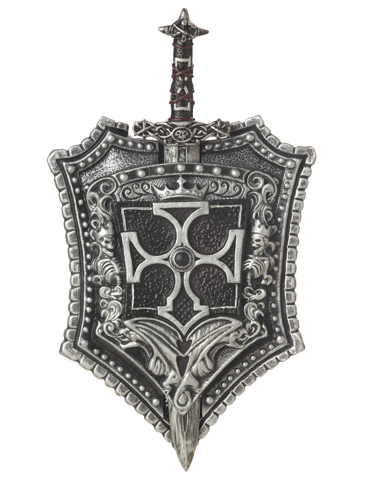 Escudo y espada de caballero cruzado para adulto plateado y negro