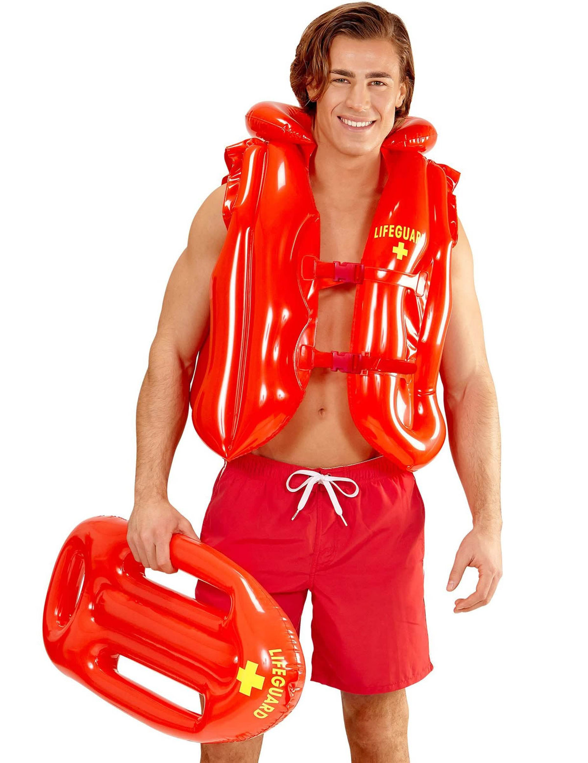 Boya salvavidas carry me de socorrista para adulto rojo con logotipo Lifeguard amarillo