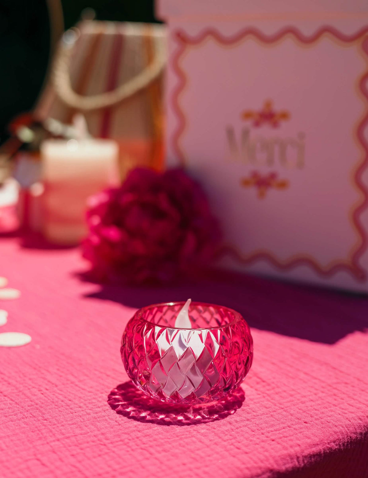 Portavelas de cristal rosa 7,5 x 4 cm