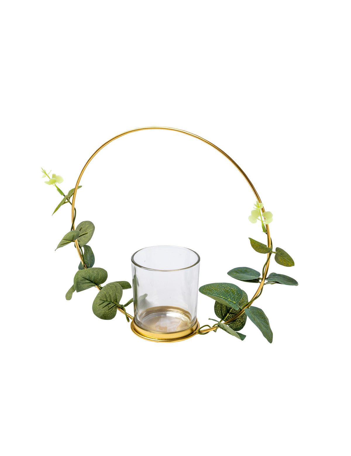 Candelabro de metal portavelas eucalipto sobre círculo dorado 22 cm para colgar