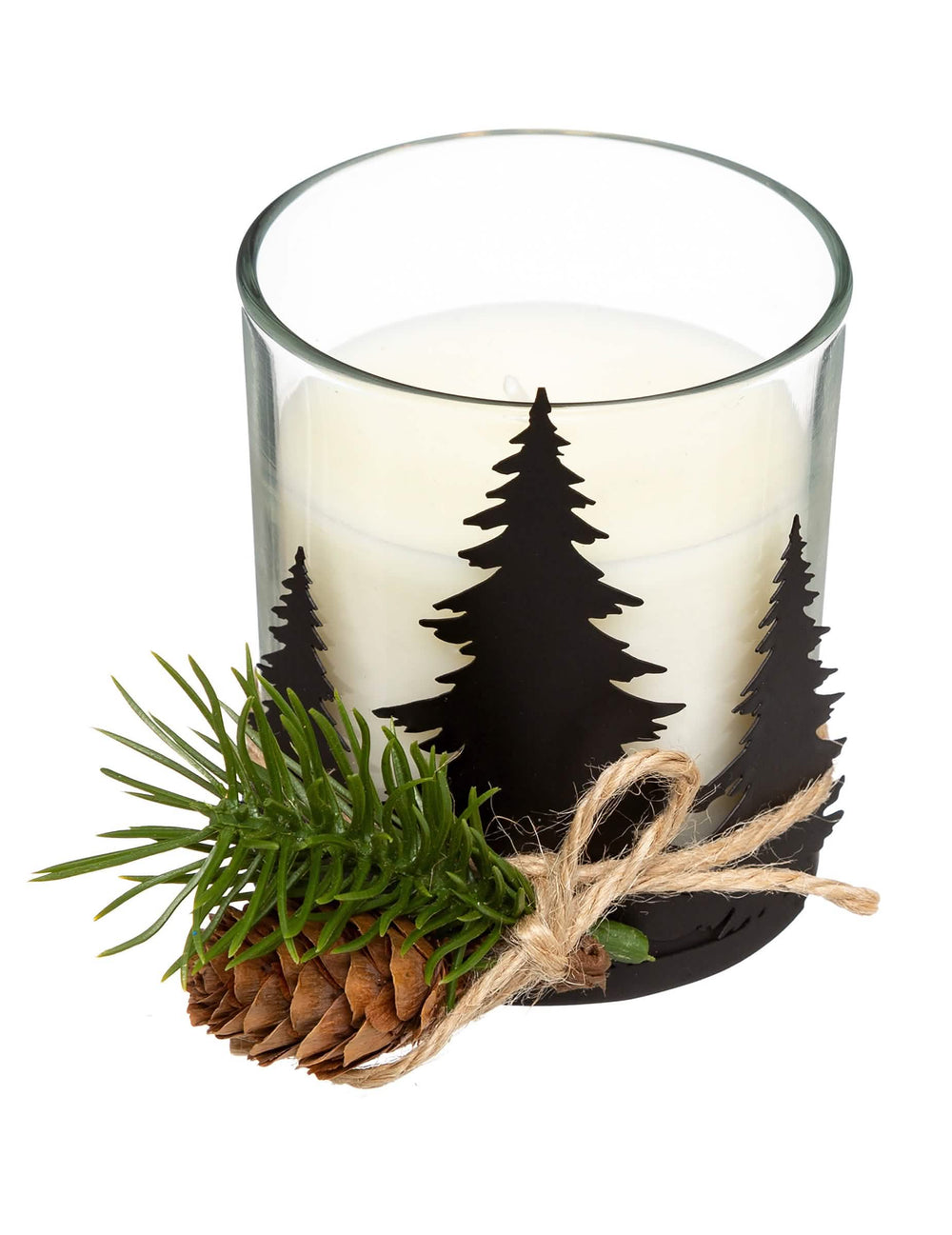 Vela de árbol y piña para decoración blanca y negra con rama y cordel