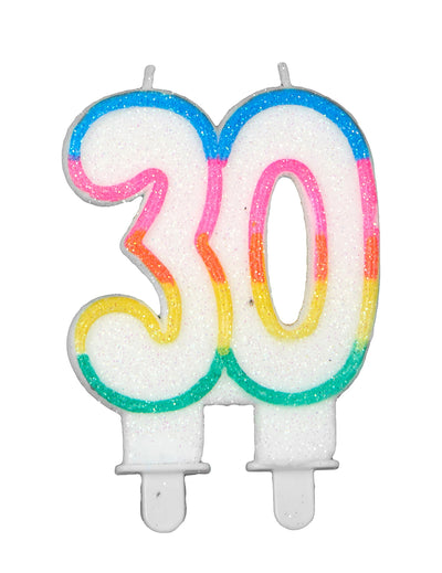 Bougie d'anniversaire chiffre 30 pour adulte blanche pailletée avec bordure arc-en-ciel