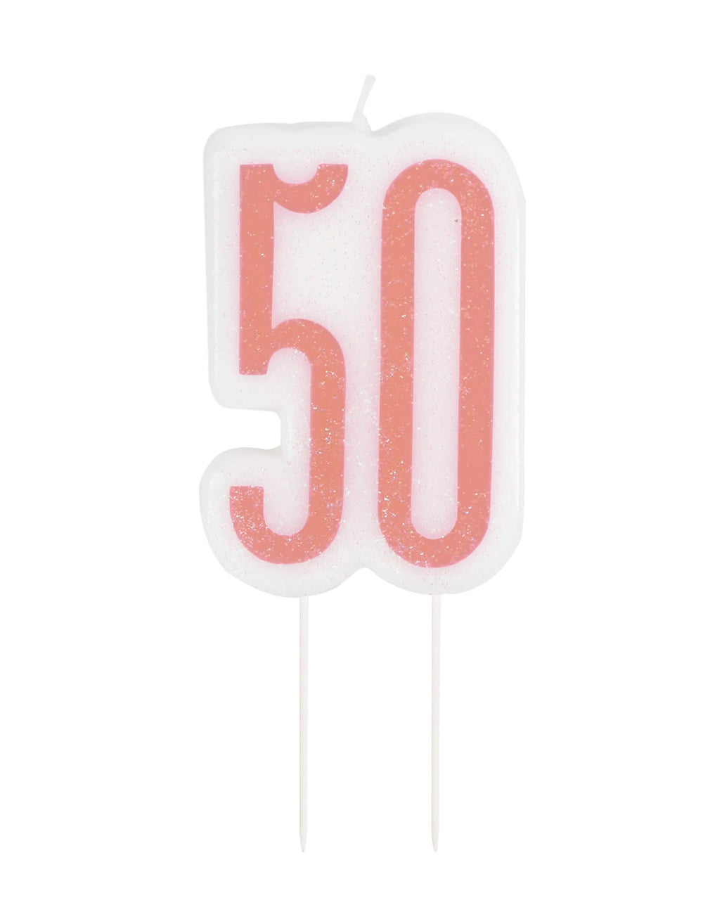 Vela de cumpleaños sobre pin 50 años para fiesta rosa con purpurina