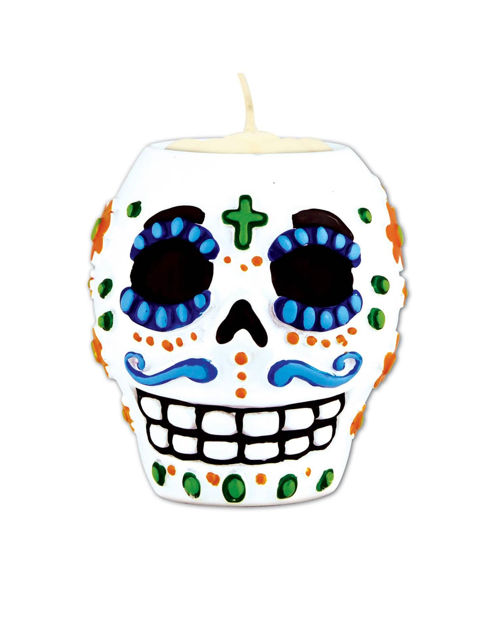 Bougeoir crâne Dia de los Muertos pour fête blanc à motifs colorés