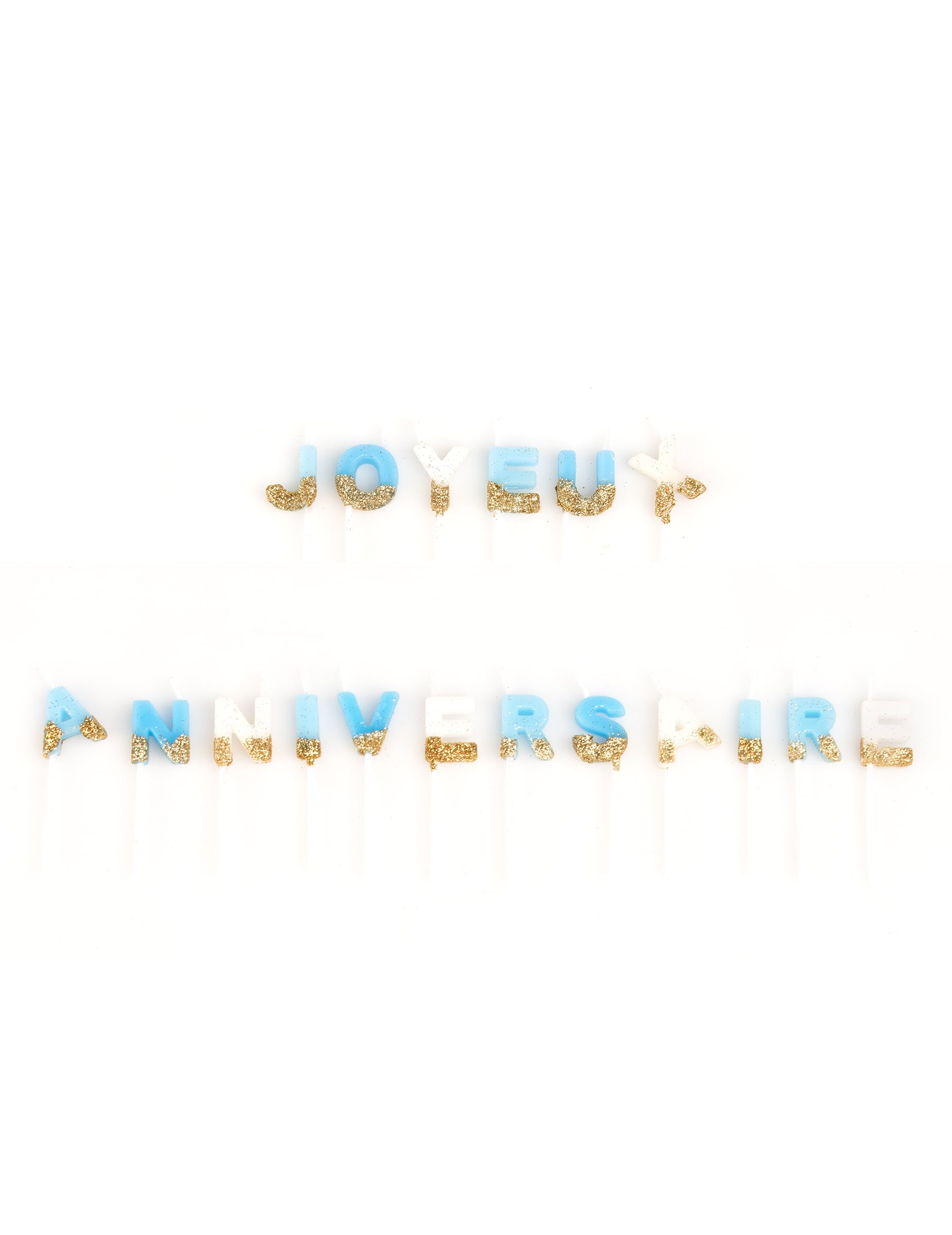 Bougies Joyeux Anniversaire blanc bleu et paillettes or sur pic