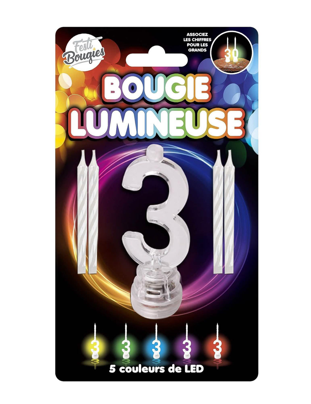 Vela luminosa LED número 3 para cumpleaños multicolor