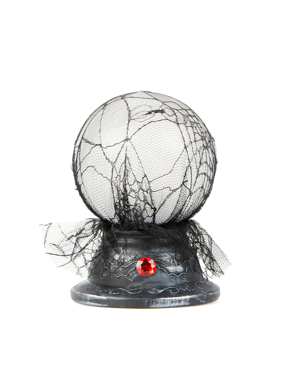 Boule de cristal lumineuse et sonore Halloween noire avec toile d'araignée et pierre rouge