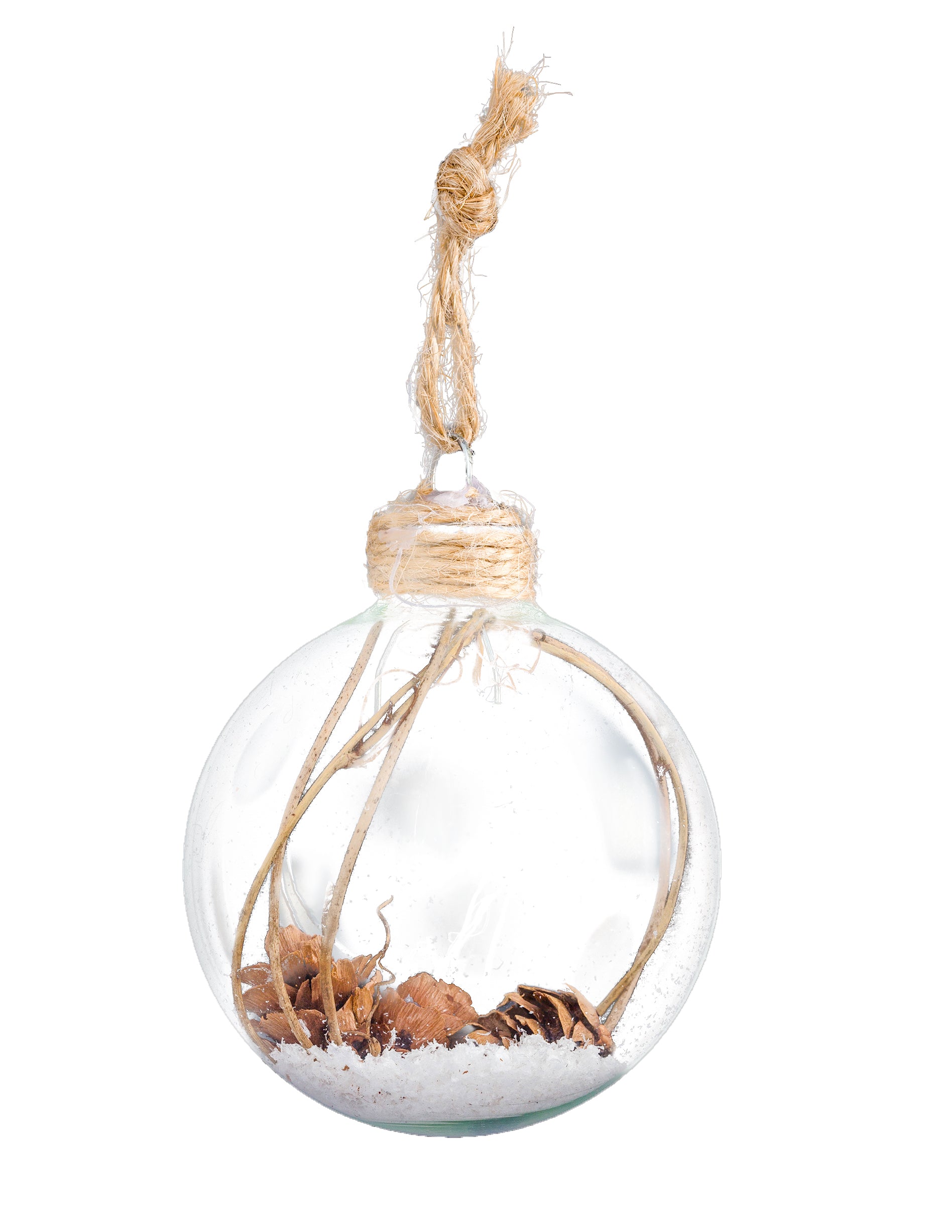 Boule de Noël en verre avec pommes de pin et neige transparente avec attache en corde de jute