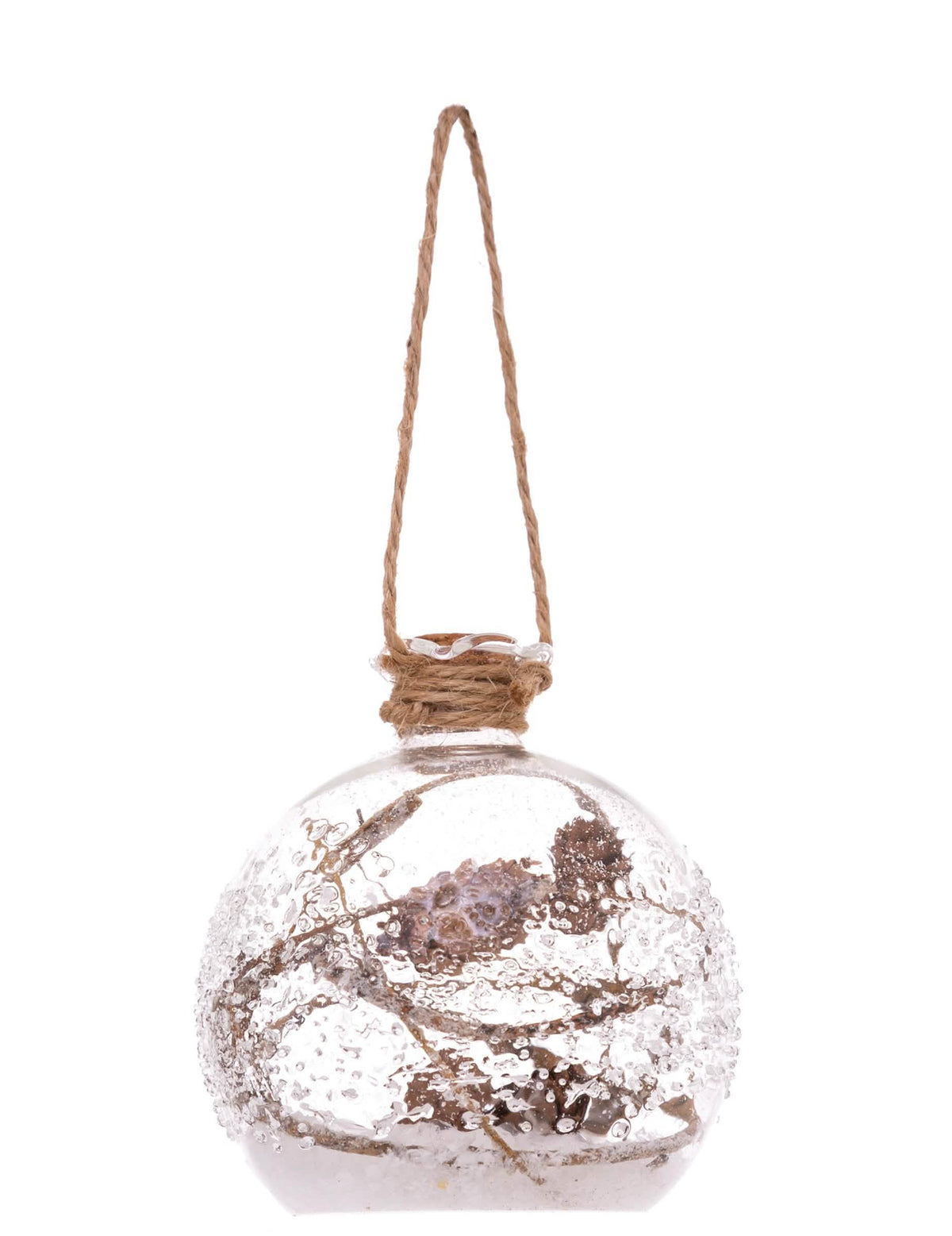 Boule de noël en verre fiole givrée pour décoration avec neige et brindilles marron