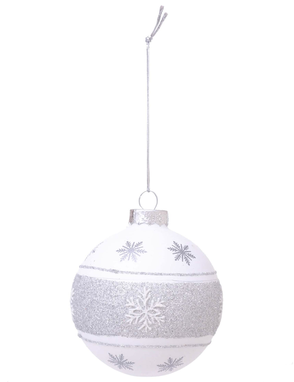 Bola de navidad de vidrio copo plateado blanca y plateada con purpurina