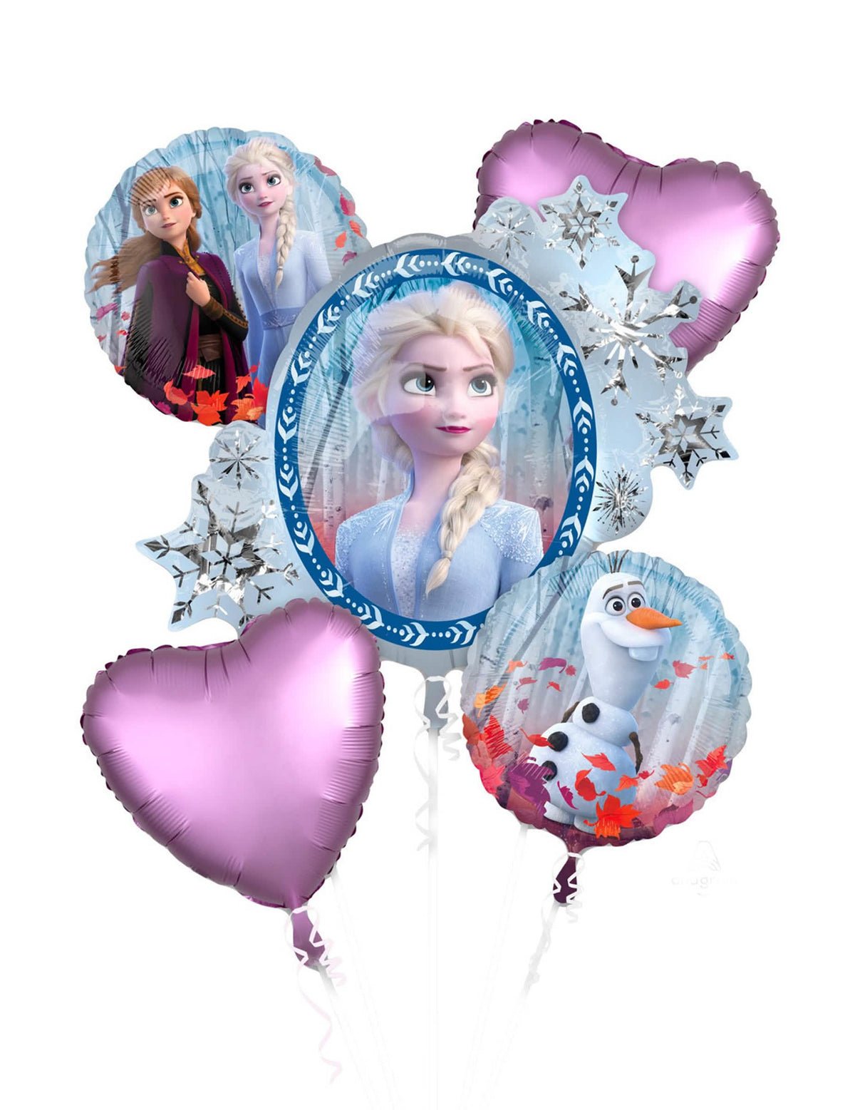 Bouquet 5 globos de aluminio Frozen 2 para niño azul y violeta con Elsa, Anna y Olaf
