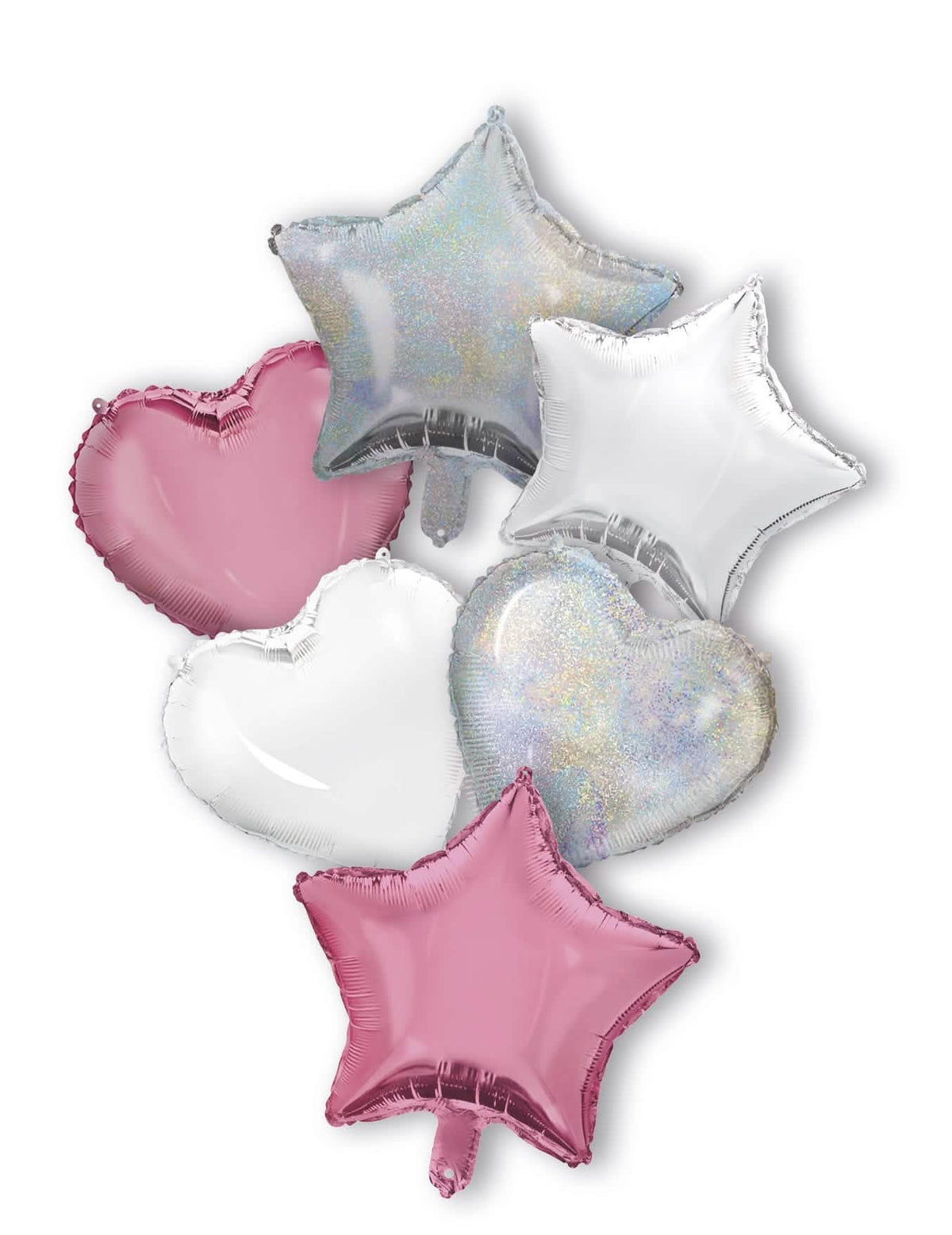 Ramo de 6 globos de corazones y estrellas para decoración rosa plateado y blanco en aluminio