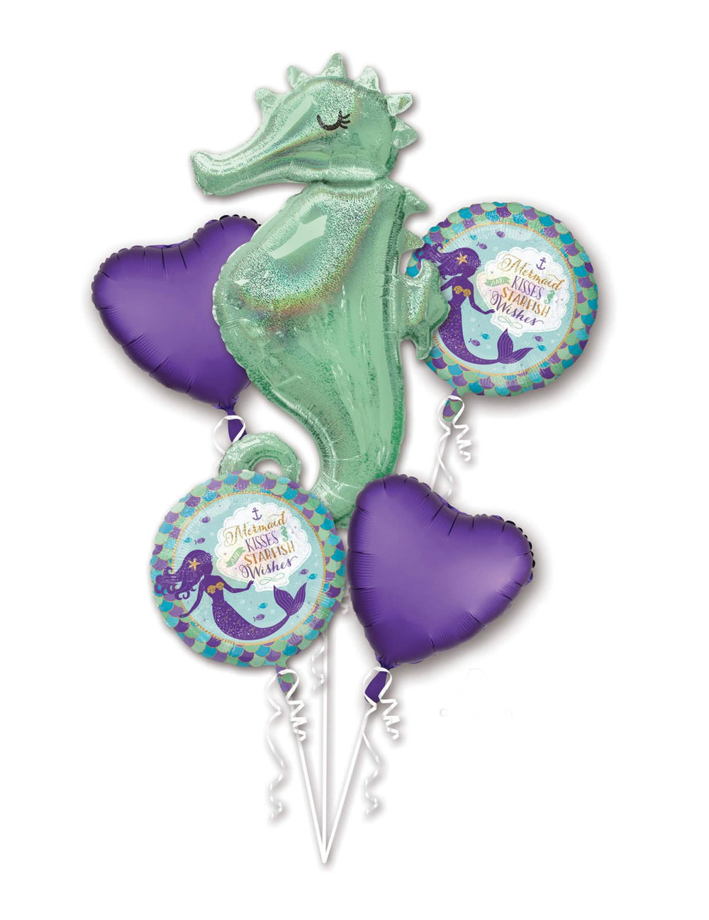 Ramo de 5 globos de aluminio sueños de sirenas para cumpleaños verde y violeta con caballito de mar
