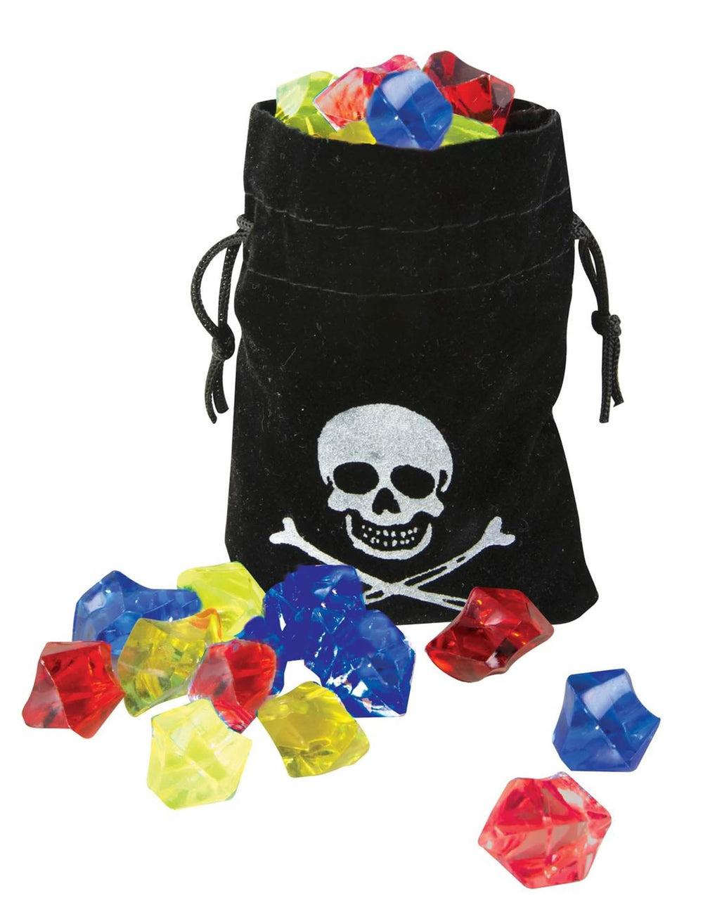 Bolsa de pirata con falsas piedras preciosas para niño negra con calavera y gemas multicolores